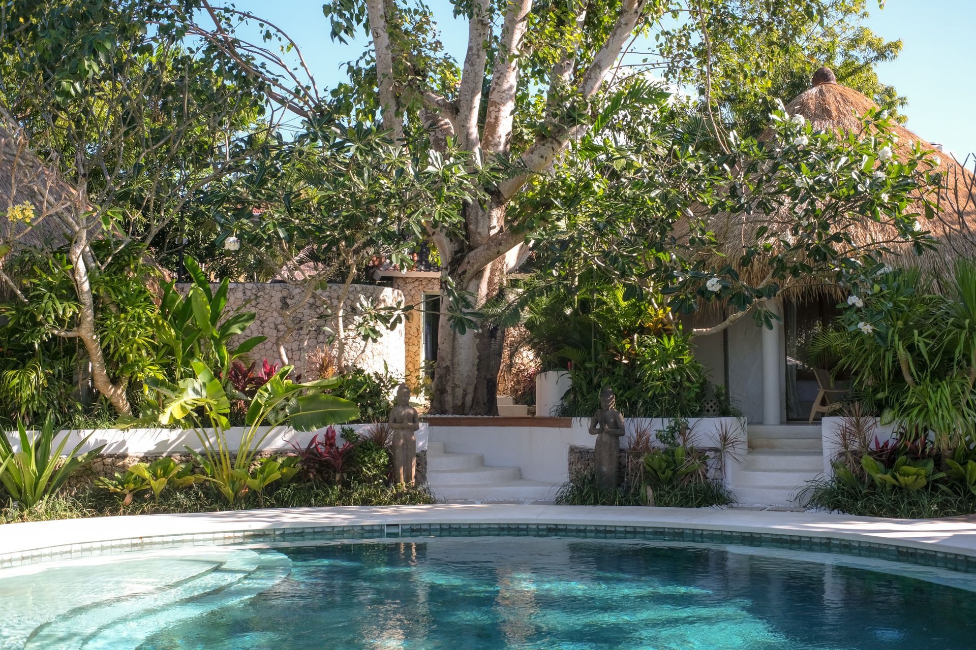 A tranquil pool with turquoise water in front of lush greenery, including a large tree and a building with a thatched roof.