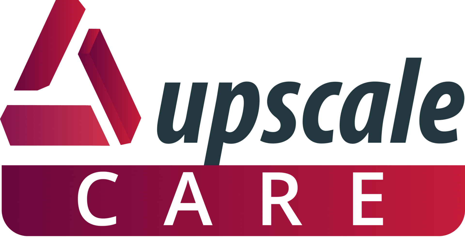 A logo for upscale care with a red triangle and white letters