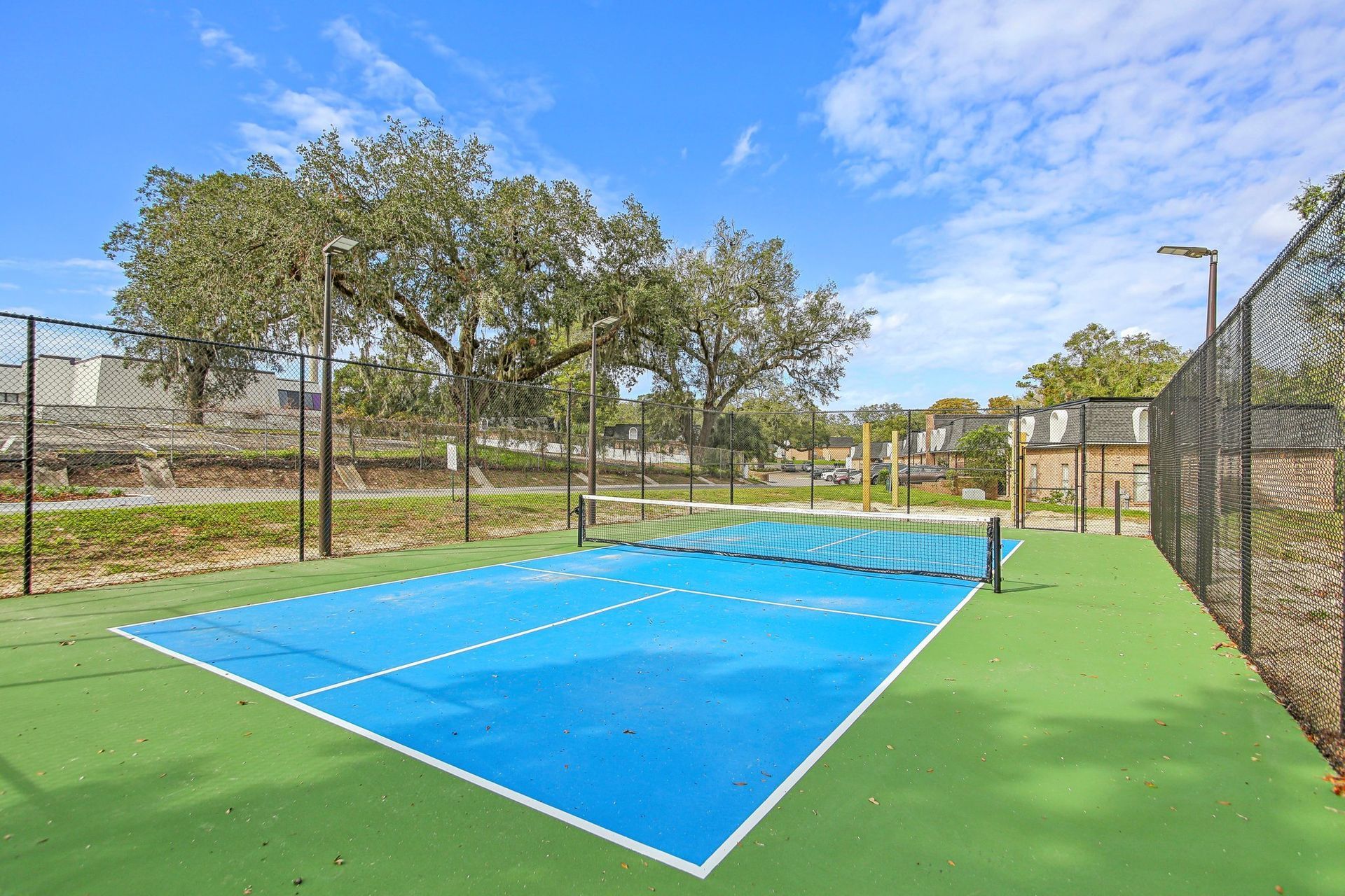 Blue pickleball court with net, green surroundings, and trees under a blue sky.