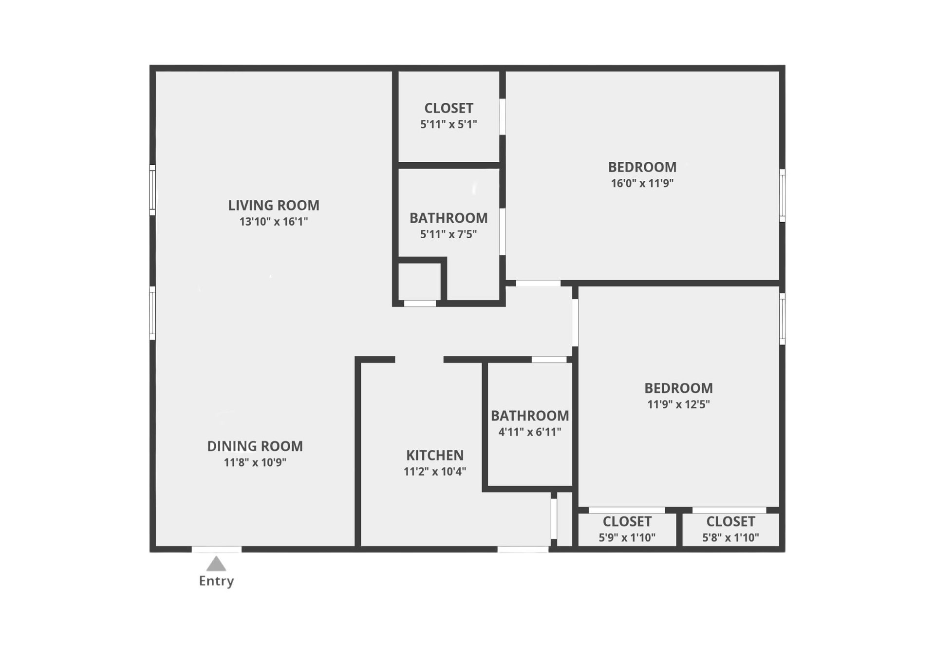 Floor plan of a two-bedroom apartment, showing rooms and dimensions.