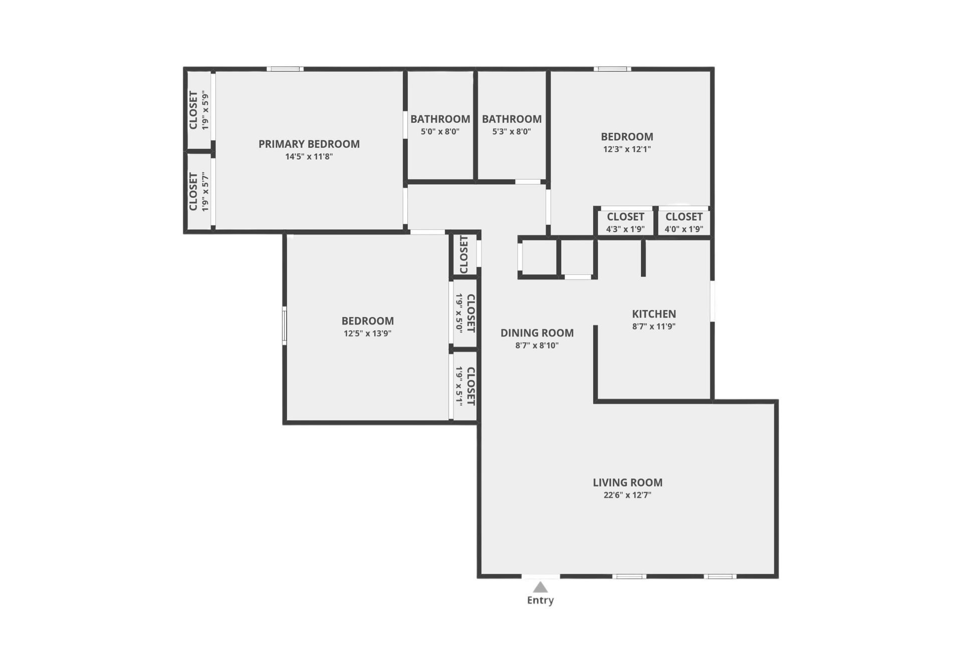 Floor plan of a house, with labeled rooms: bedrooms, living room, bathrooms, kitchen, and closet.