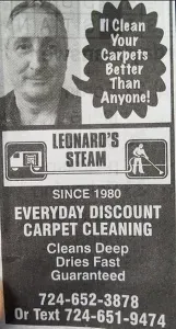 An advertisement for Leonard's Steam carpet cleaning. Includes contact phone numbers and text: 