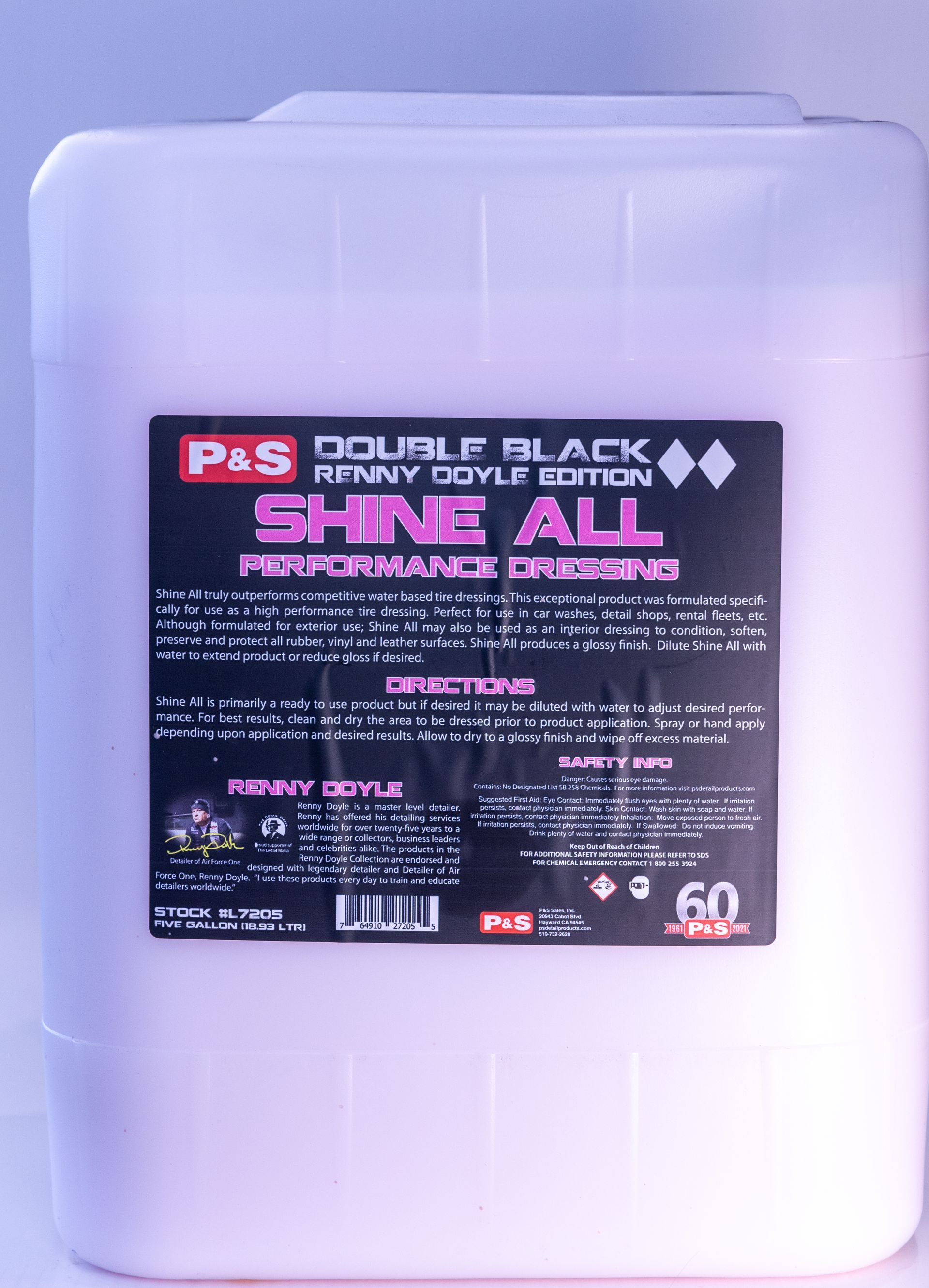 A 5 gallon bottle of dolphin black shine all performance dressing