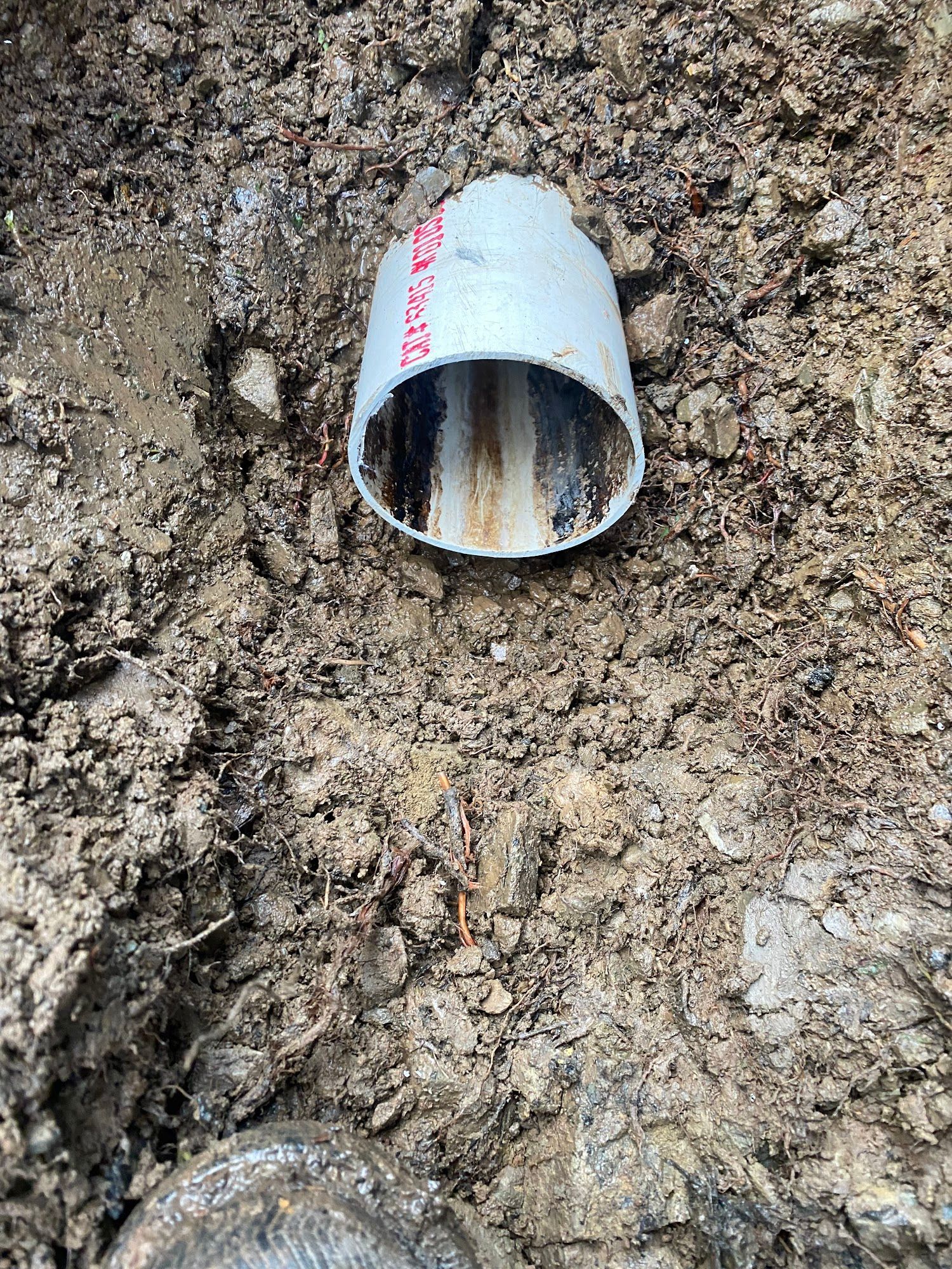 PVC pipe in a dirt trench. The pipe's interior is discolored.
