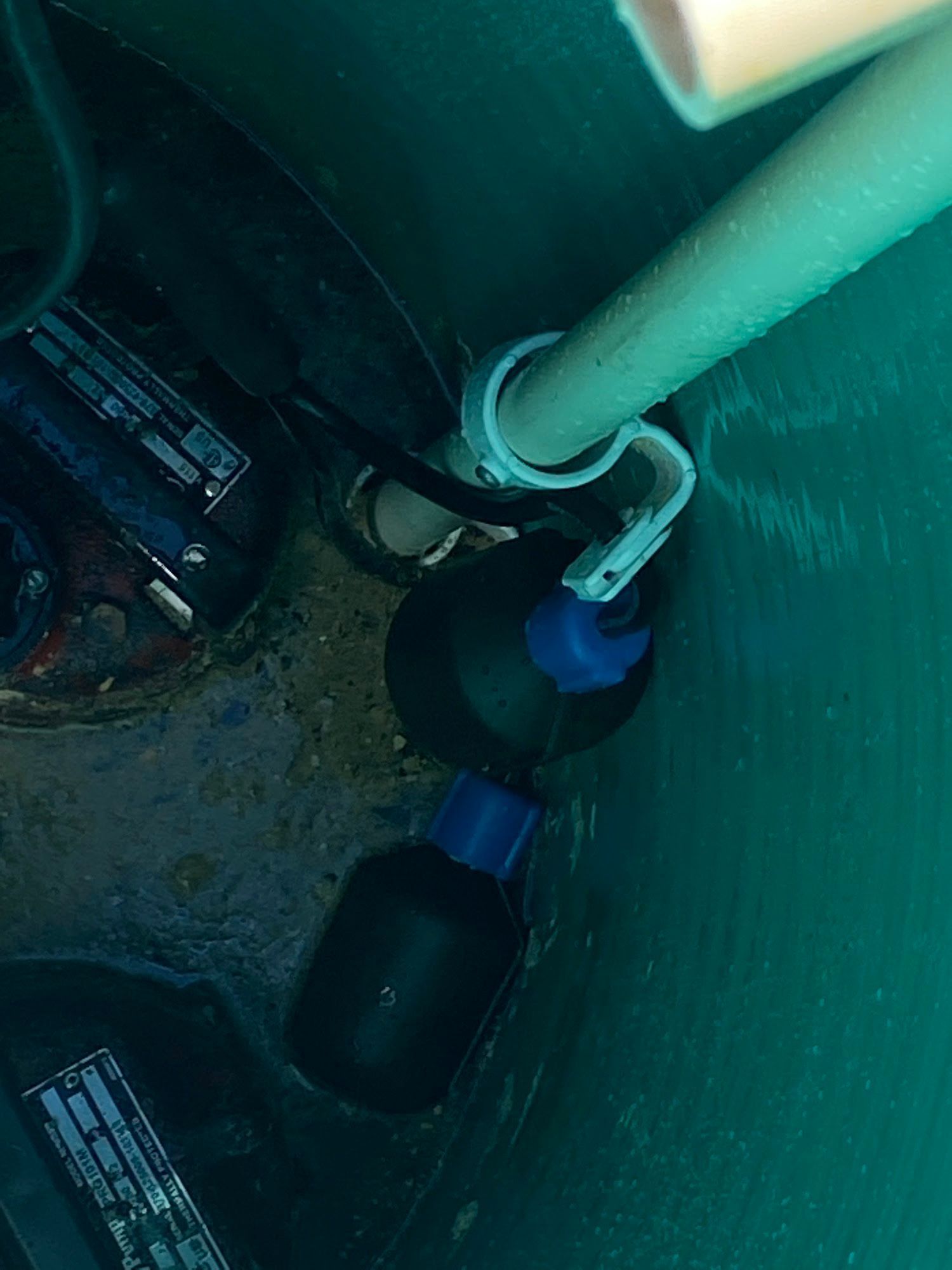 Inside a green sump pump basin: pump, float switches, and discharge pipe.