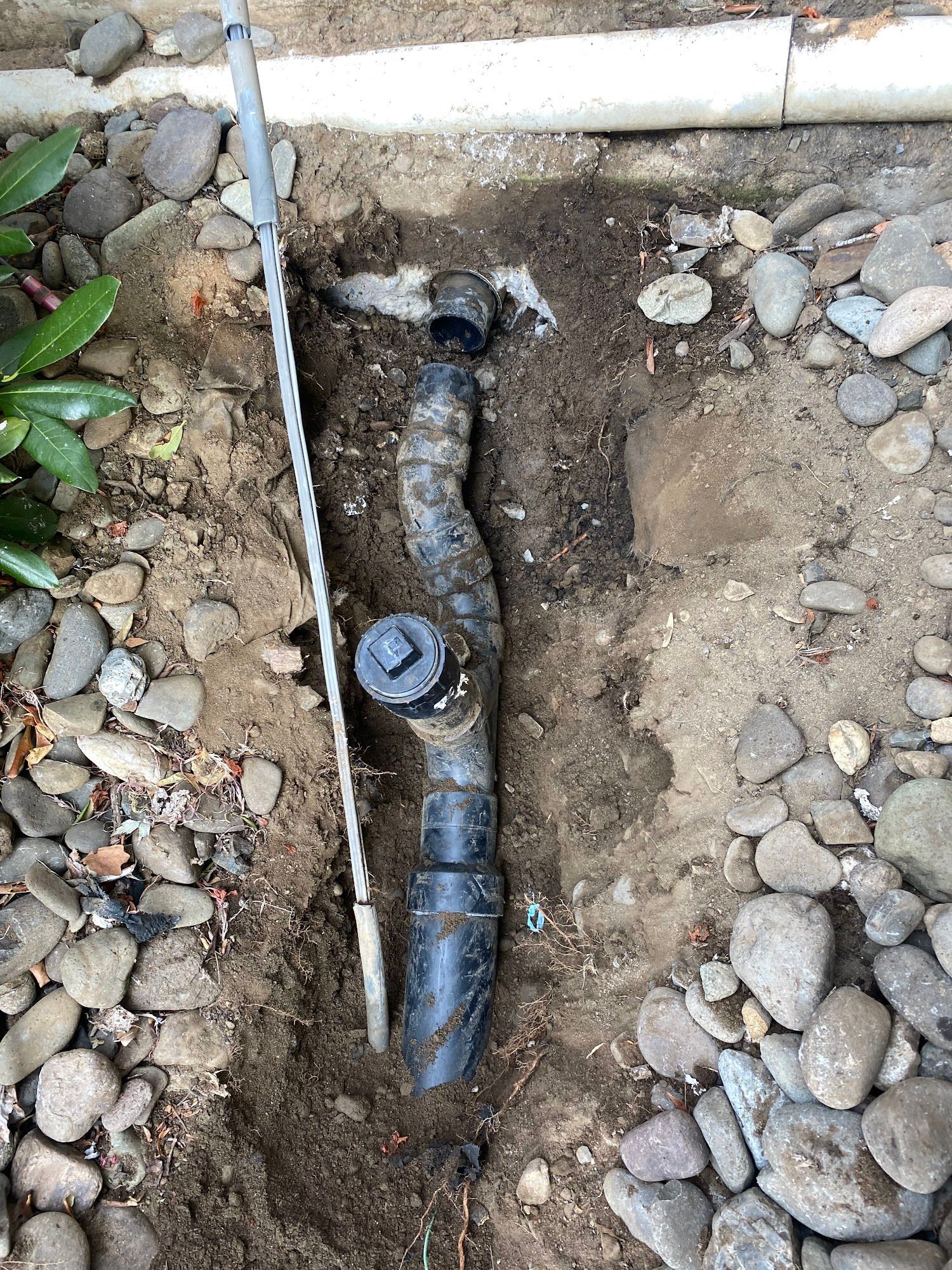 Black drain pipe exposed in a dirt trench, surrounded by rocks and a white pipe above.