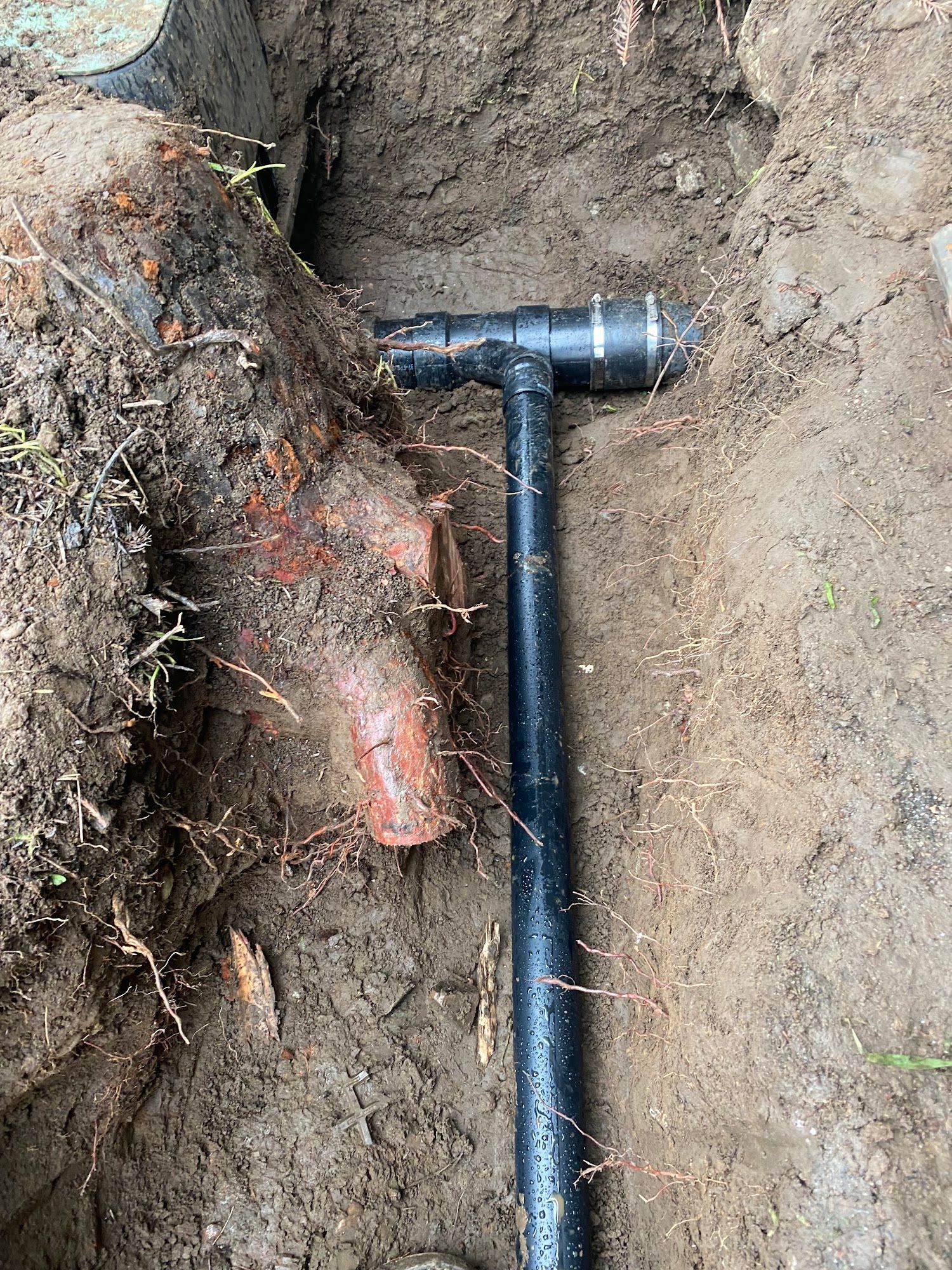 Black T-pipe connection in a dirt trench, connected to a red clay pipe and a black pipe, outside.