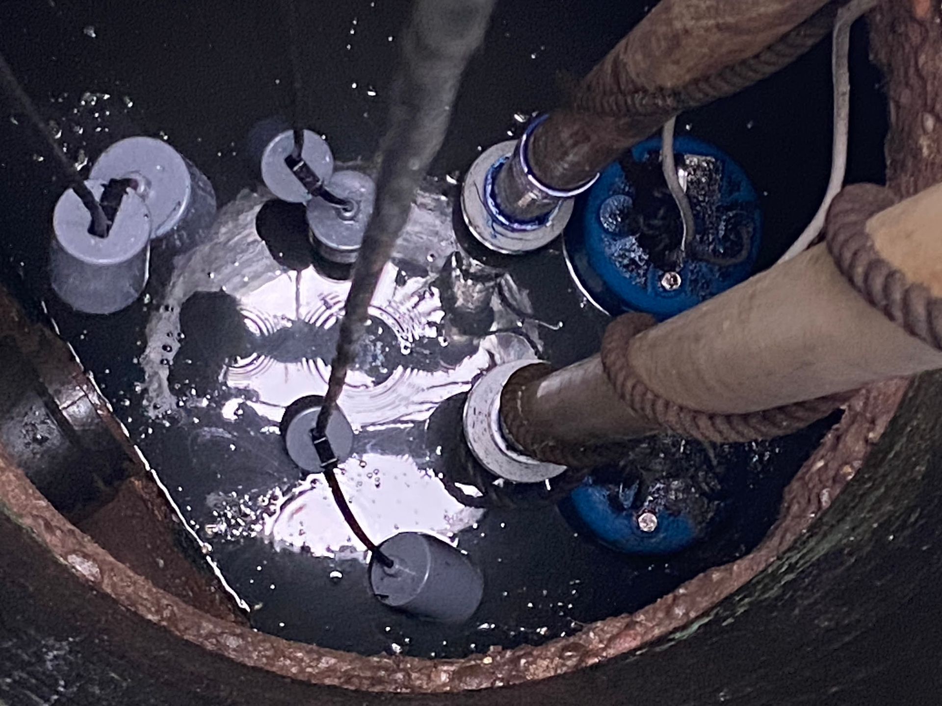 Sump pit with water, several pumps, and float switches.