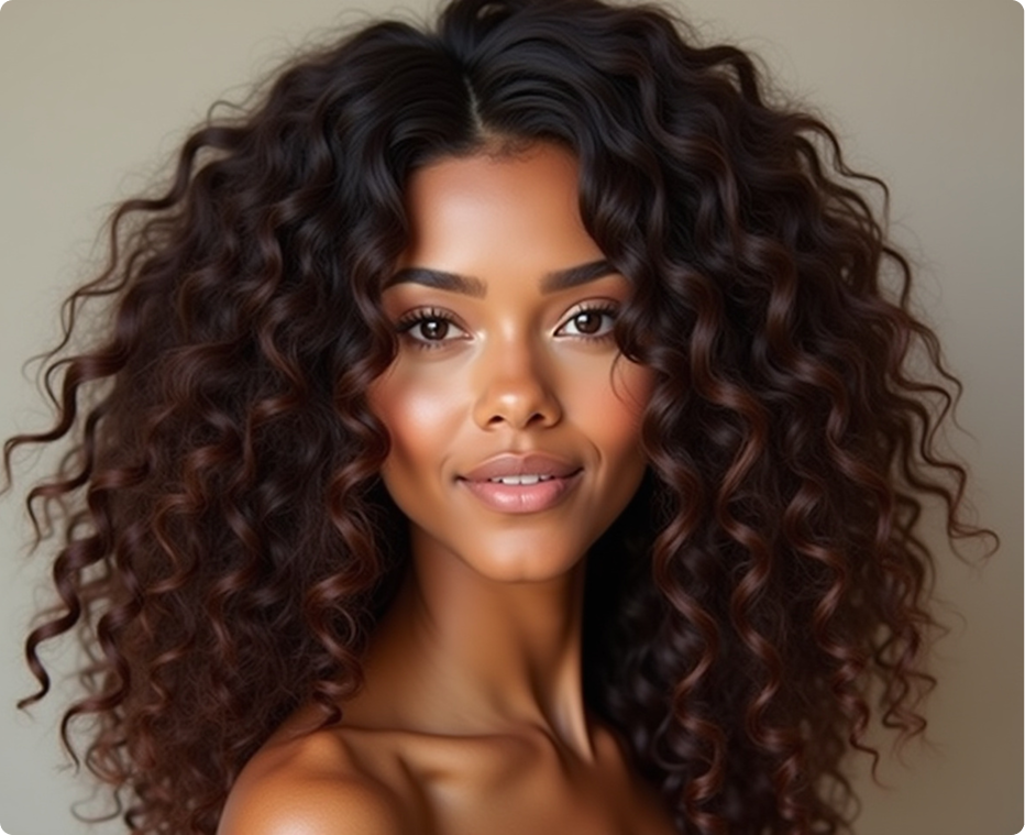 A woman with long curly hair is smiling for the camera