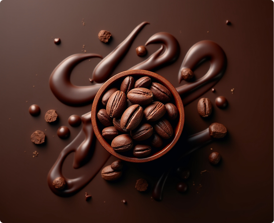 A bowl of coffee beans surrounded by melted chocolate
