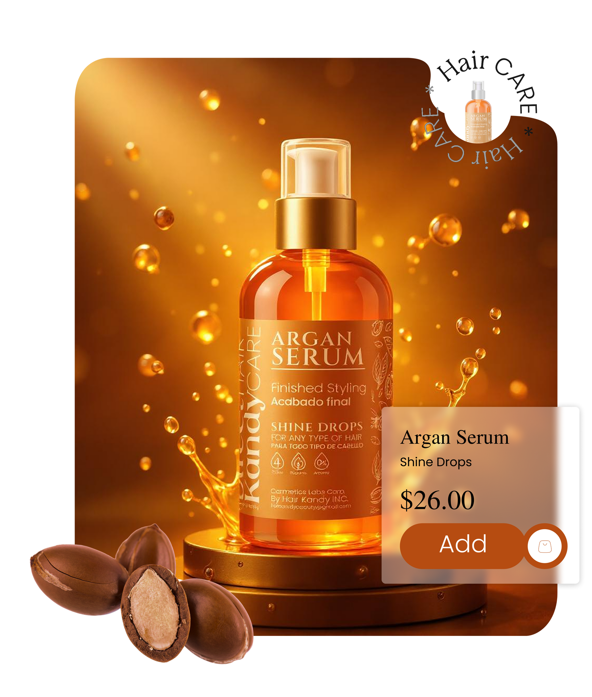 A bottle of argan serum is sitting on a podium next to some nuts.