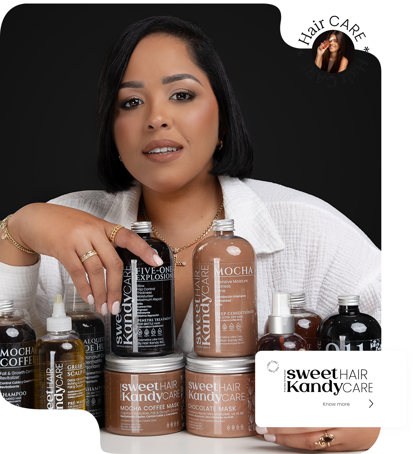 A woman is standing next to a stack of bottles of hair products.