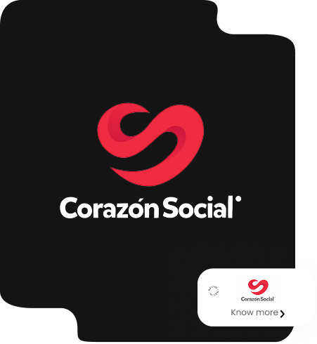 A logo for corazon social with a red heart on a black background