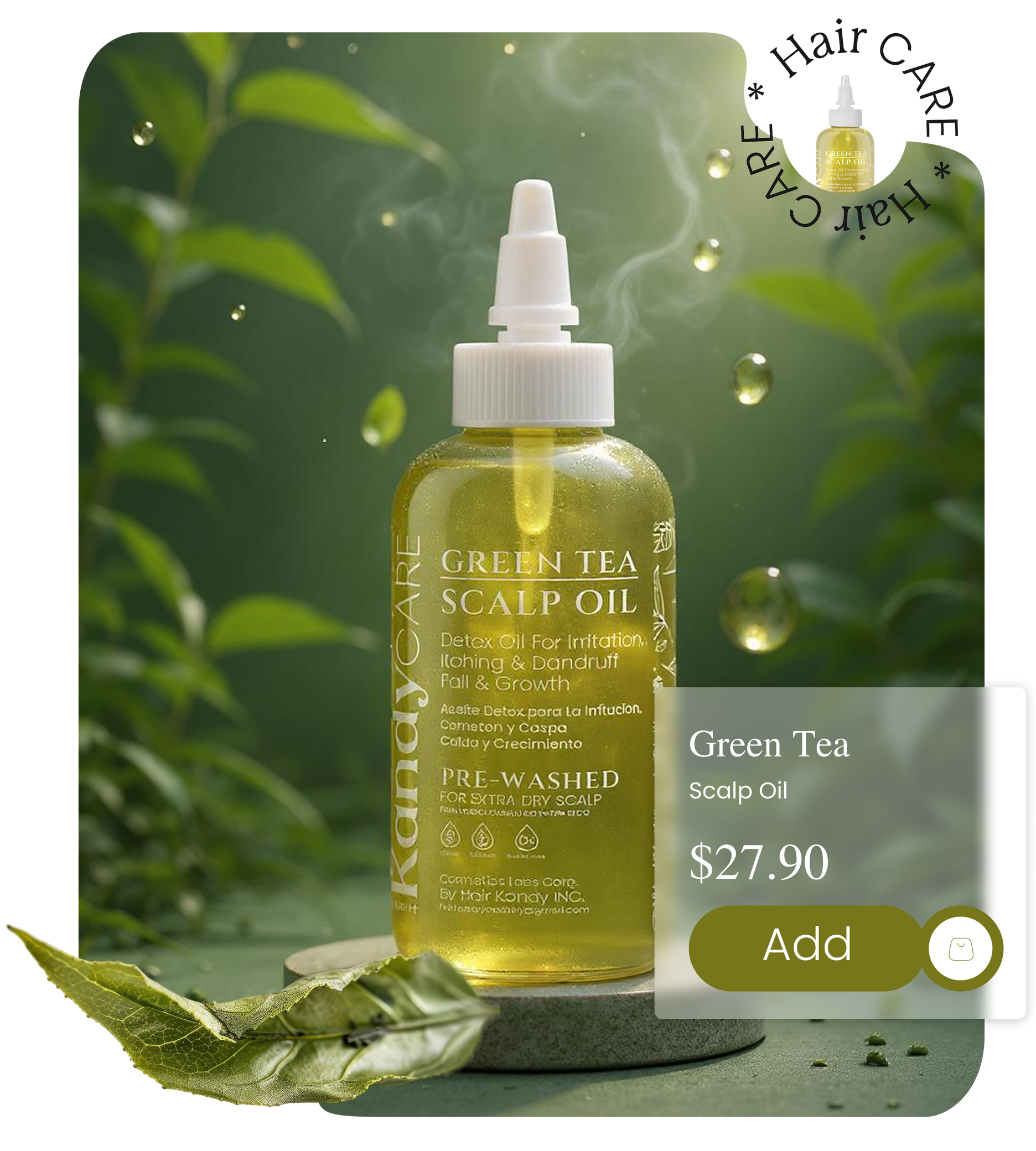 A bottle of green tea scalp oil is sitting on a table.