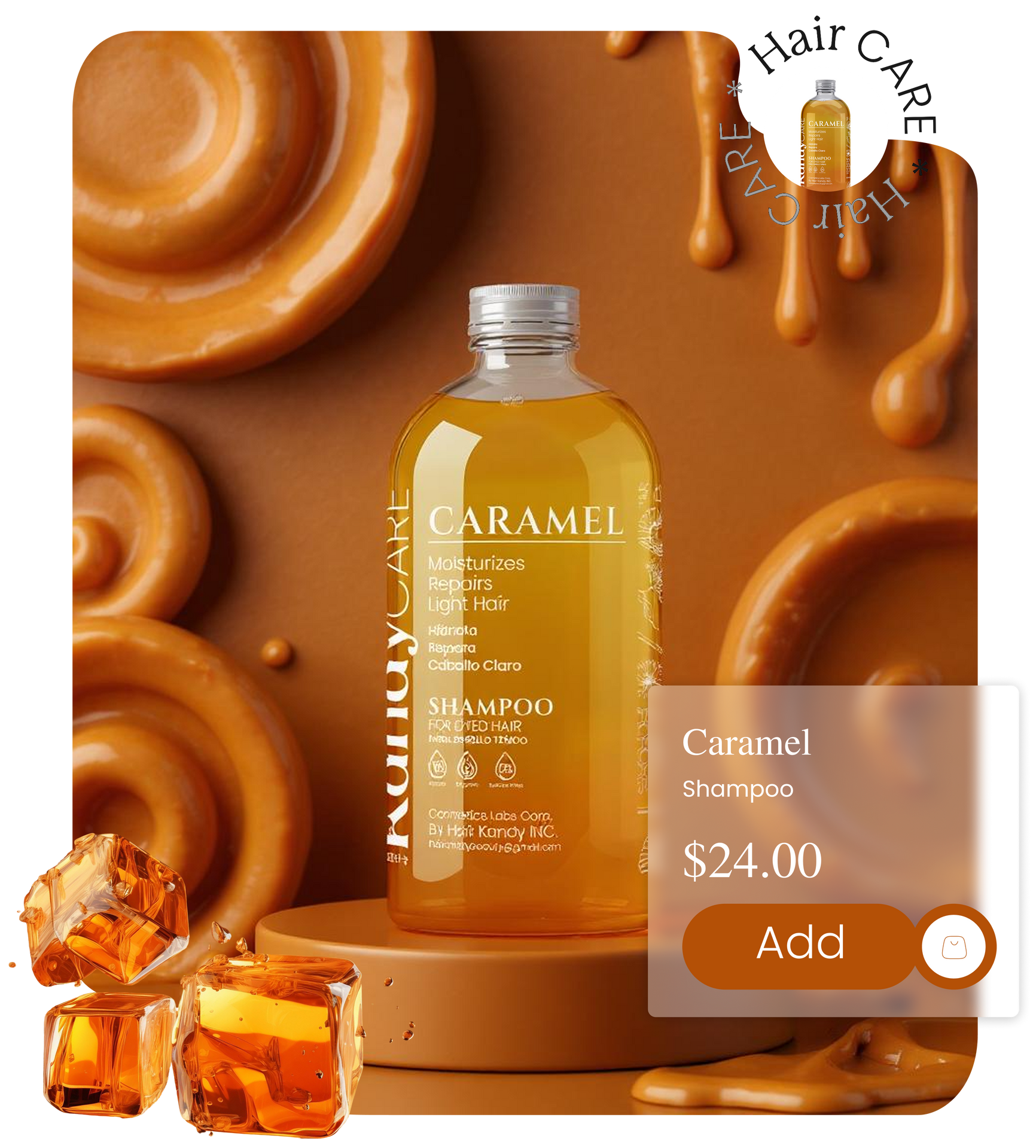 A bottle of caramel shampoo is sitting on top of a table.