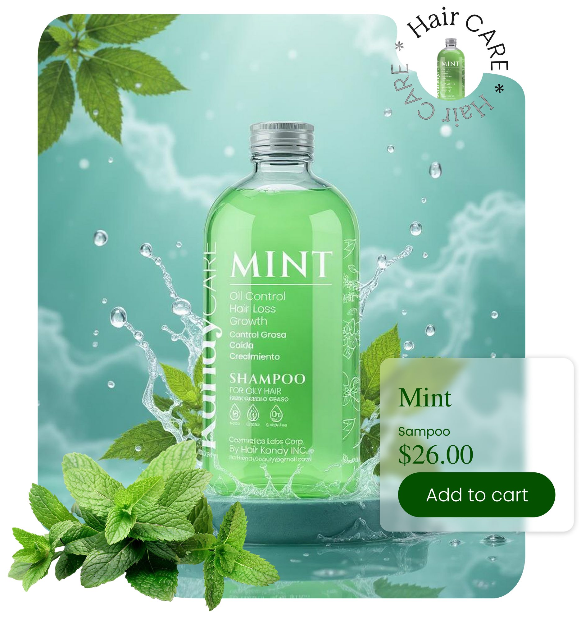 A bottle of mint shampoo is surrounded by mint leaves
