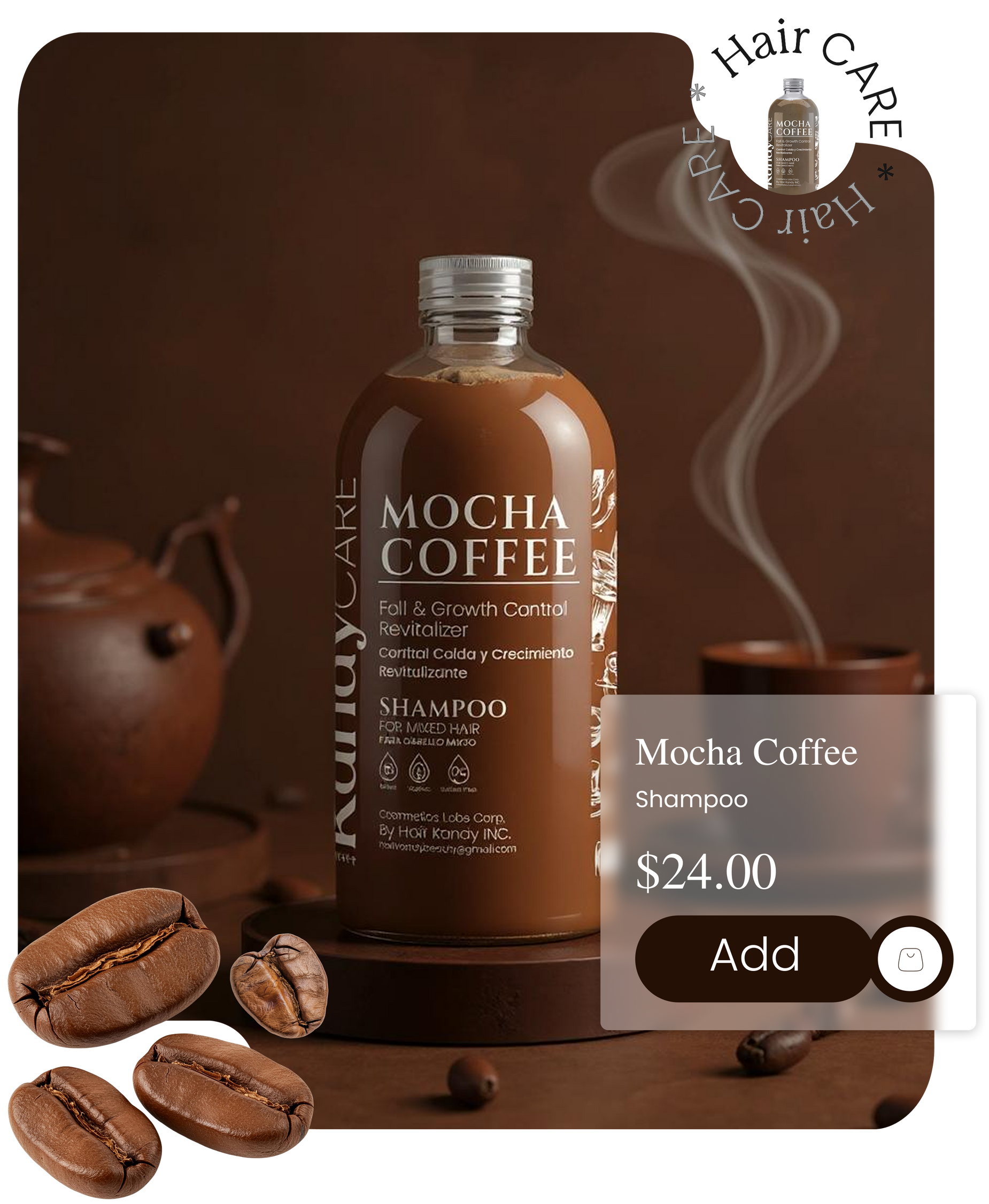 A bottle of mocha coffee shampoo is sitting on a table next to coffee beans.