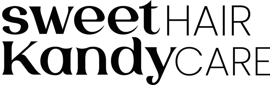 The logo for sweet hair kandycare is black and white.
