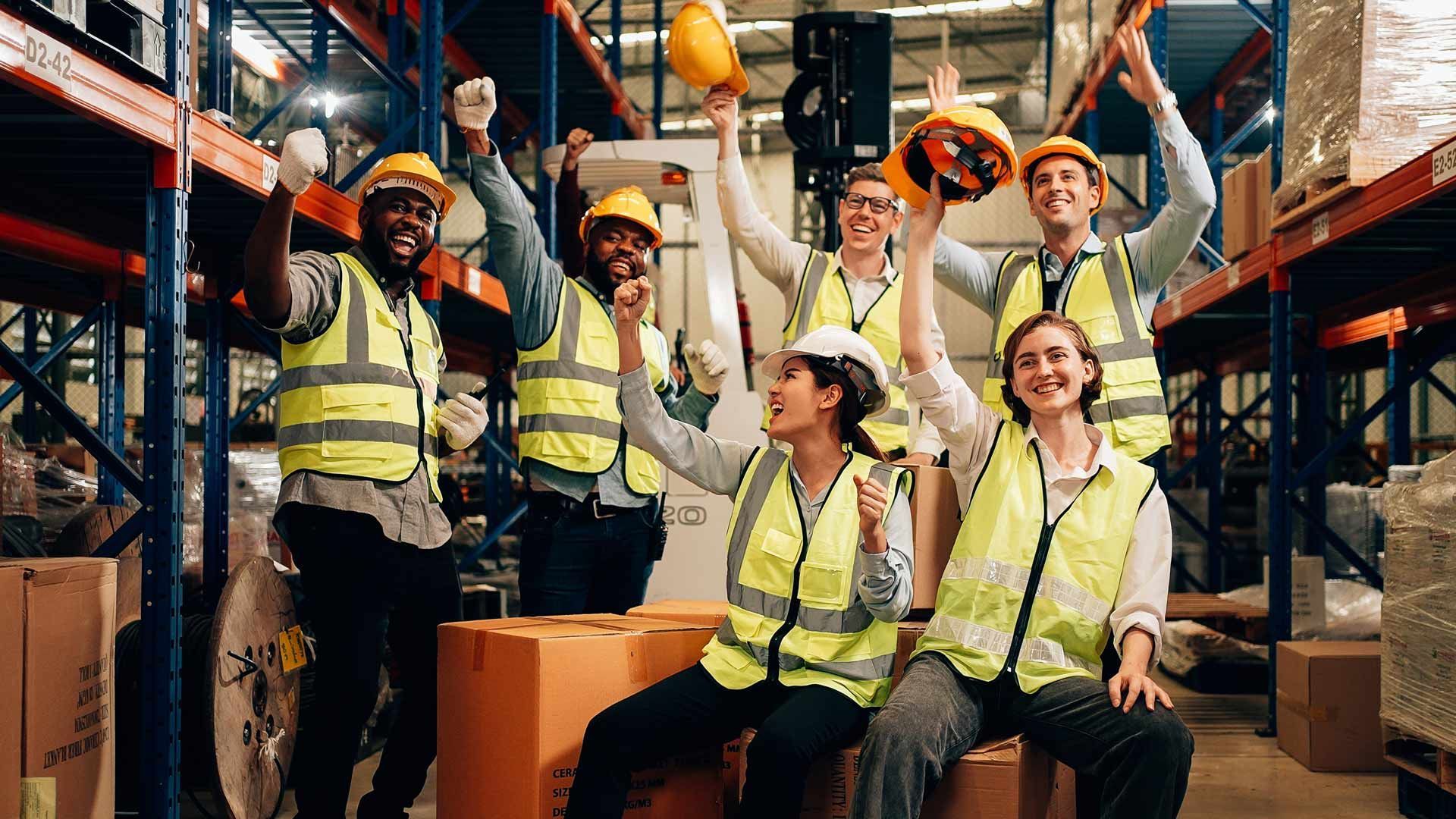 Warehouse workers celebrating, arms raised, wearing vests and hard hats.