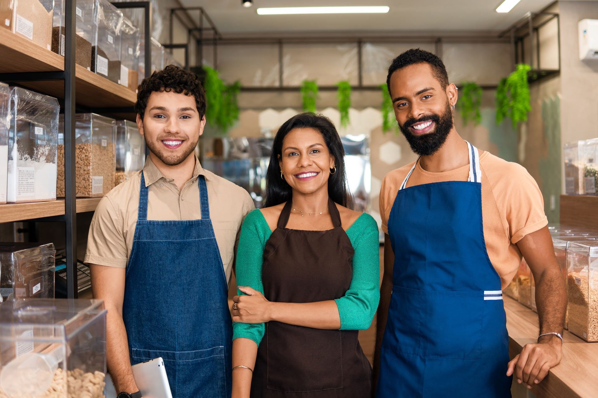 Three people in aprons smiling inside a shop with shelves of goods.
