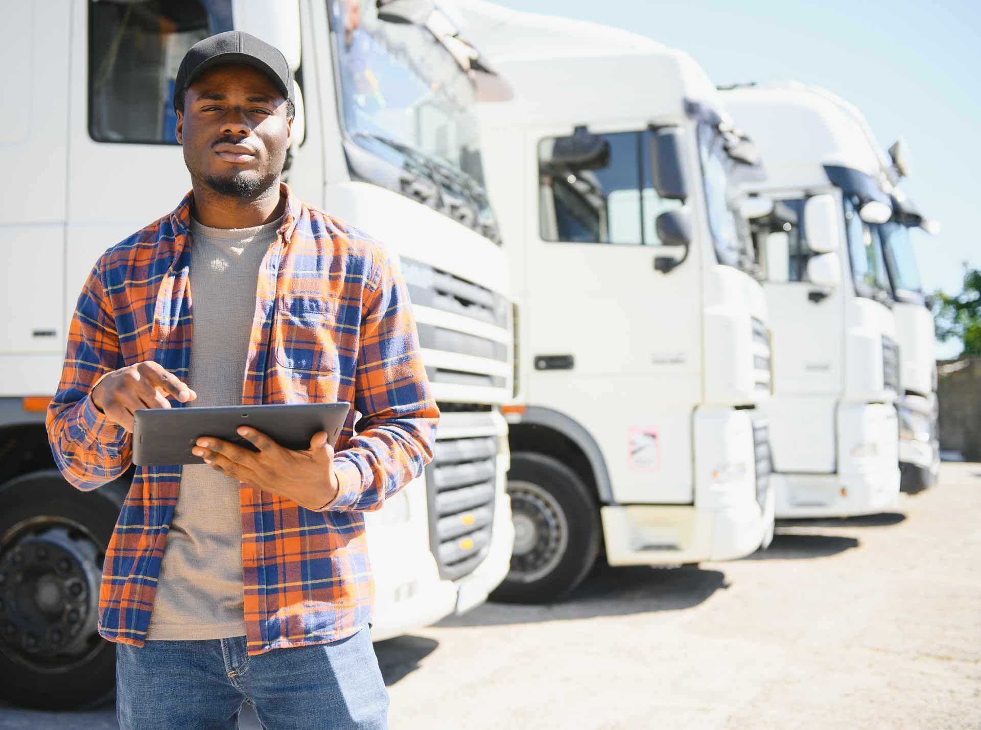 Man in plaid shirt holding a tablet, standing in front of parked white semi-trucks.
