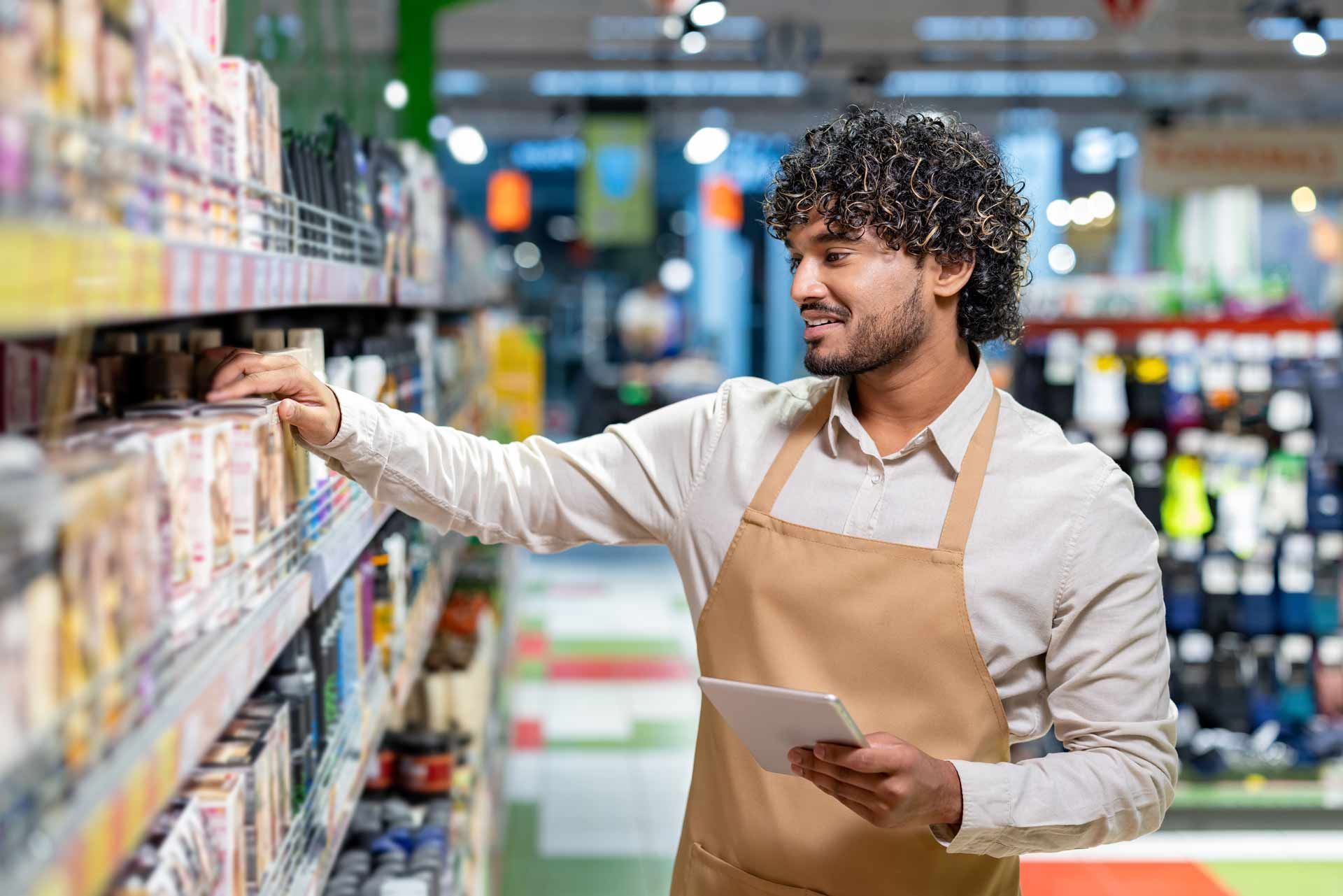 Man in apron stocking shelves in a store, holding a tablet.