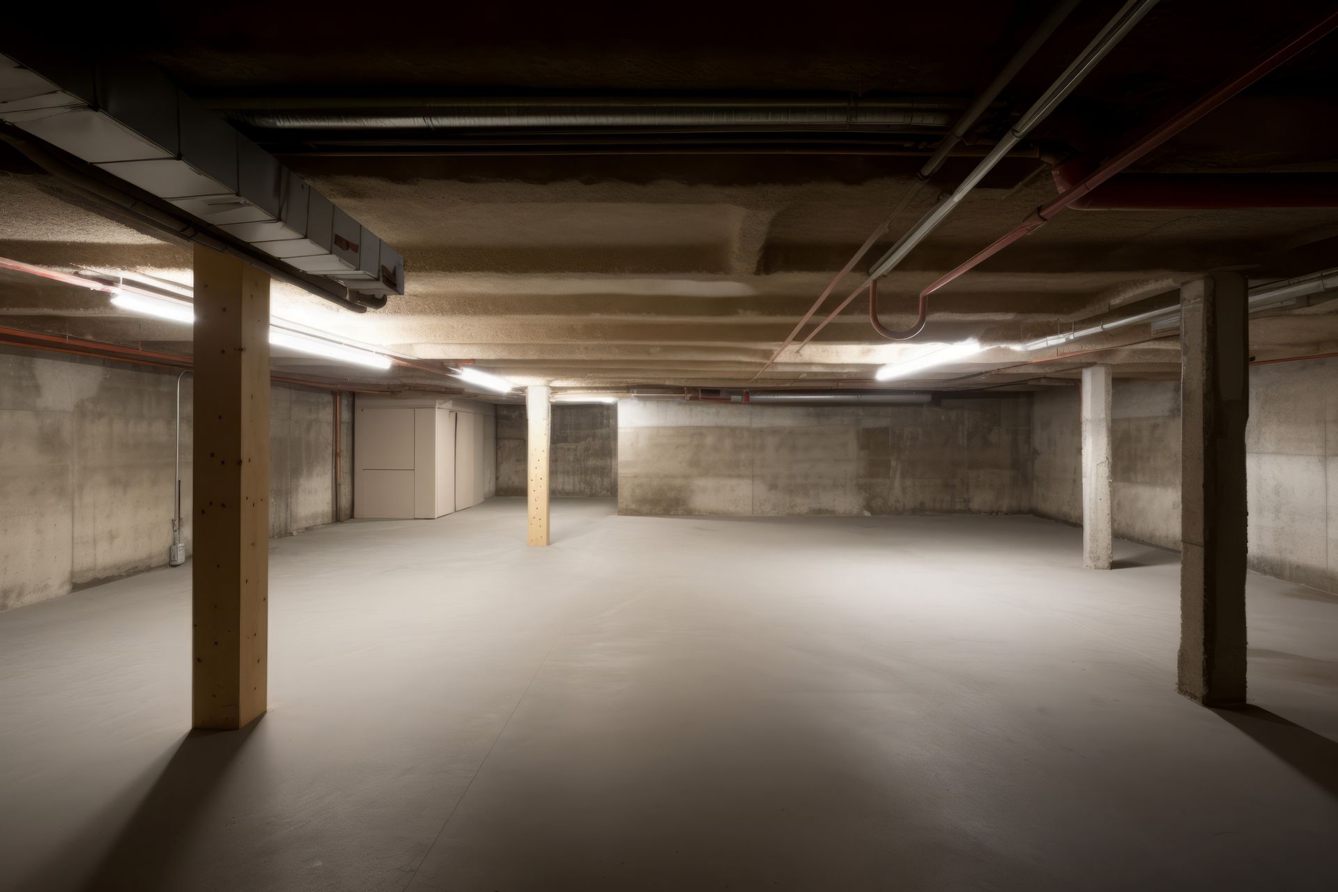 An empty basement with concrete floors and columns.