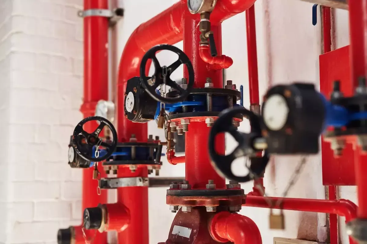 A bunch of red pipes and valves in a room.