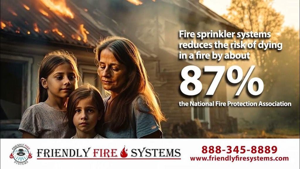 A fire sprinkler system reduces the risk of dying in a fire by about 87%