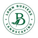 Green circular Lawn Busters Landscaping logo with stylized &ldquo;B&rdquo; and leaf in the center