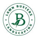 Green circular Lawn Busters Landscaping logo with stylized &ldquo;B&rdquo; and leaf in the center