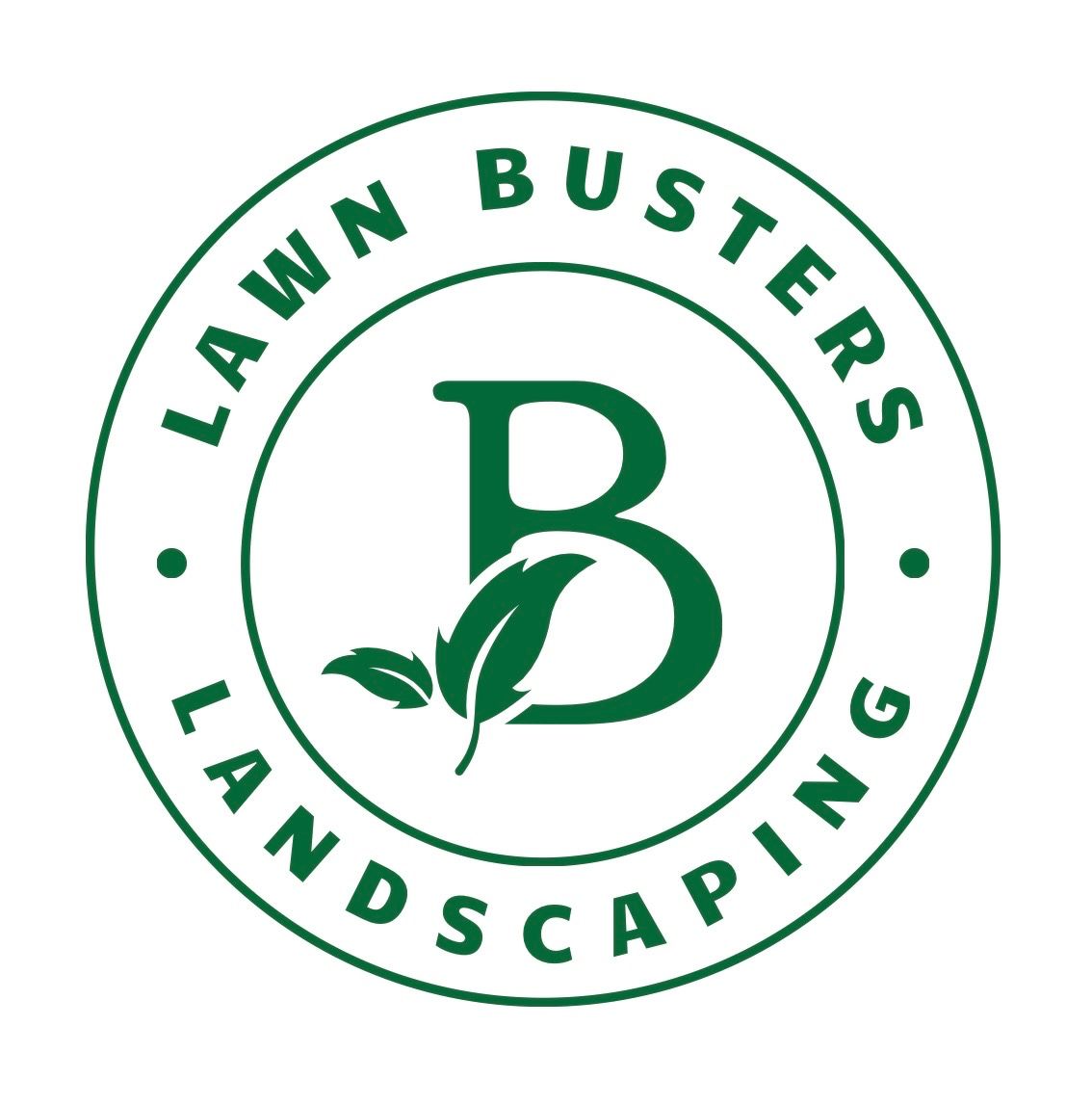 Green circular Lawn Busters Landscaping logo with stylized &ldquo;B&rdquo; and leaf in the center