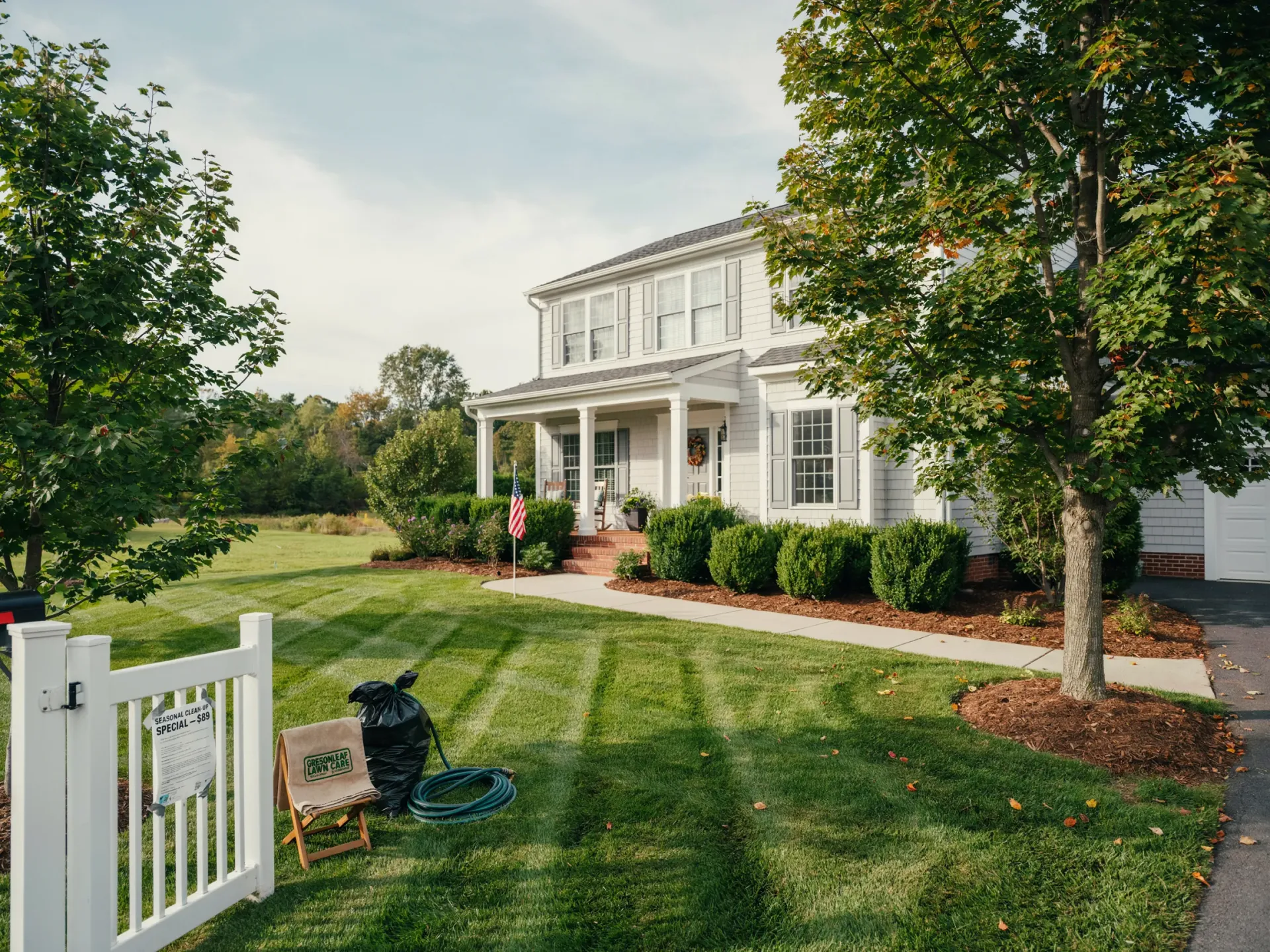 White farmhouse with porch and lush green lawn, framed by trees and a white gate in the foreground
