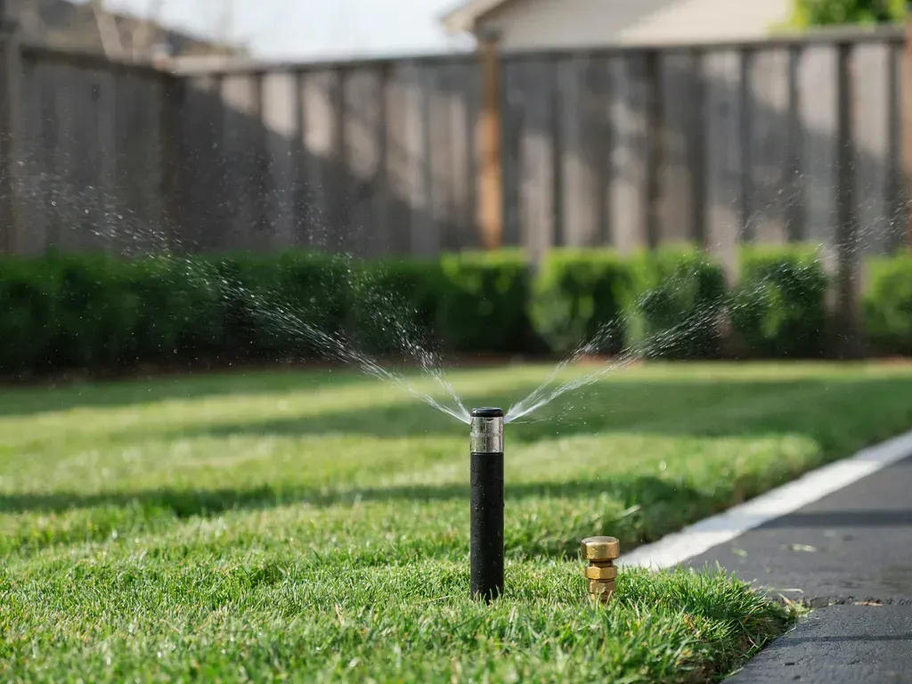 Lawn sprinkler spraying water on a grassy yard beside a paved walkway