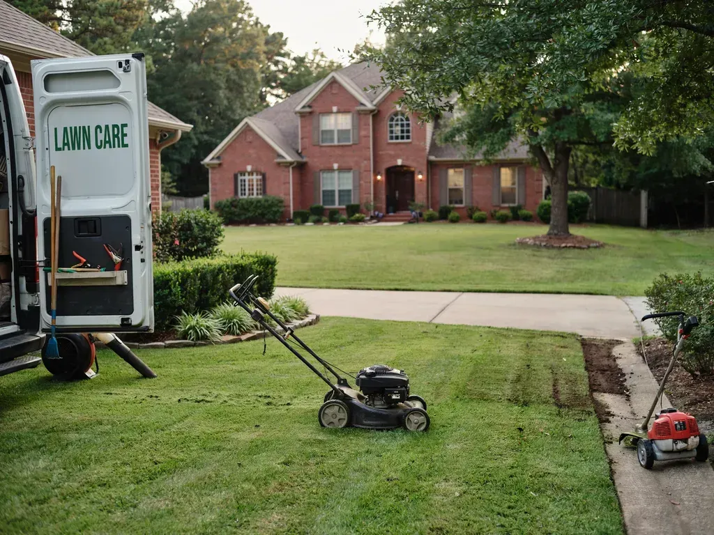 Lawn care truck, mower, and trimmer in a suburban yard with a brick house in the background