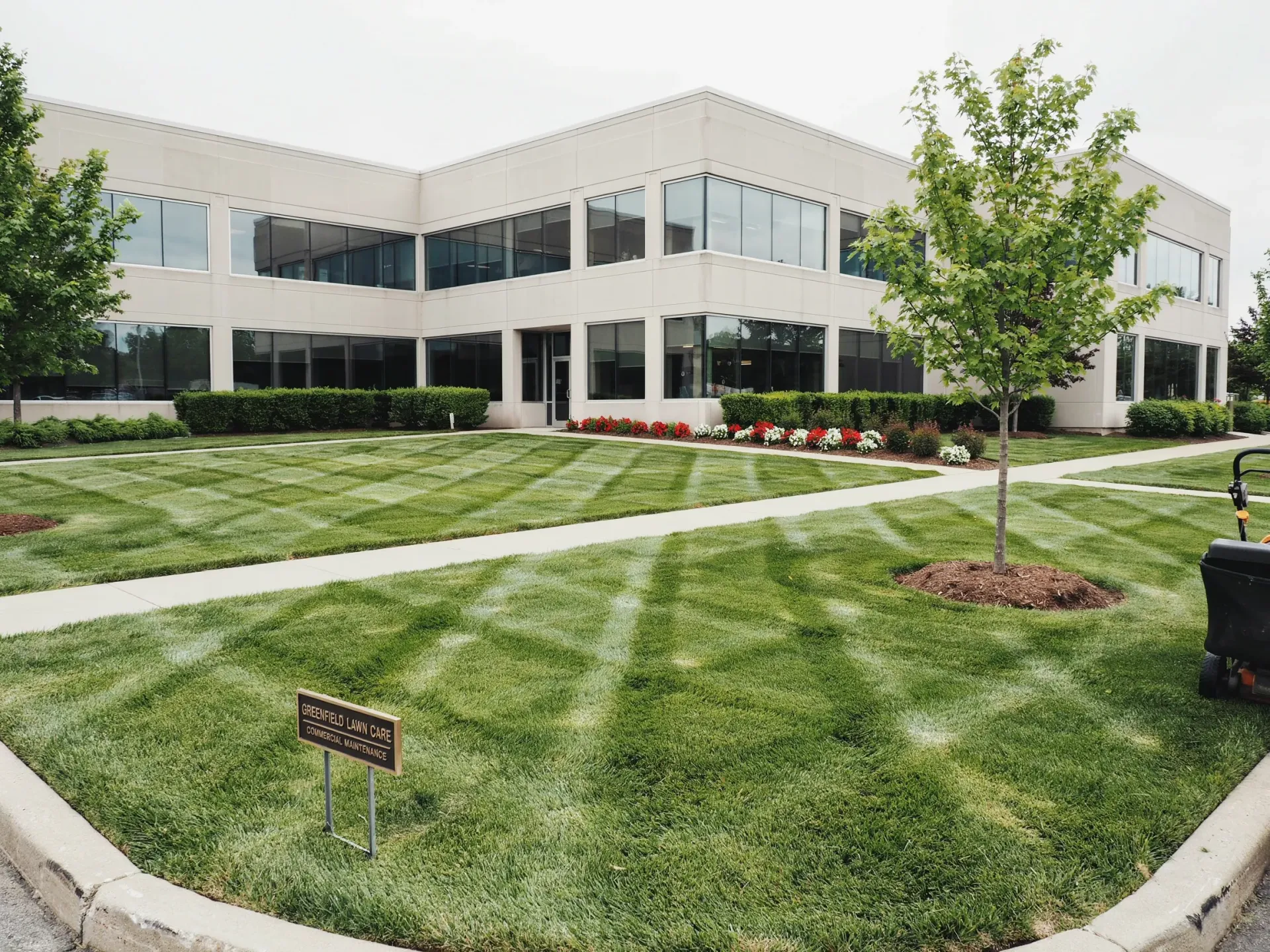 Modern office building with large windows and landscaped lawn with a tree and flower bed