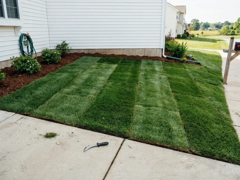 Freshly striped green lawn beside a house with mulch beds and a sidewalk in front