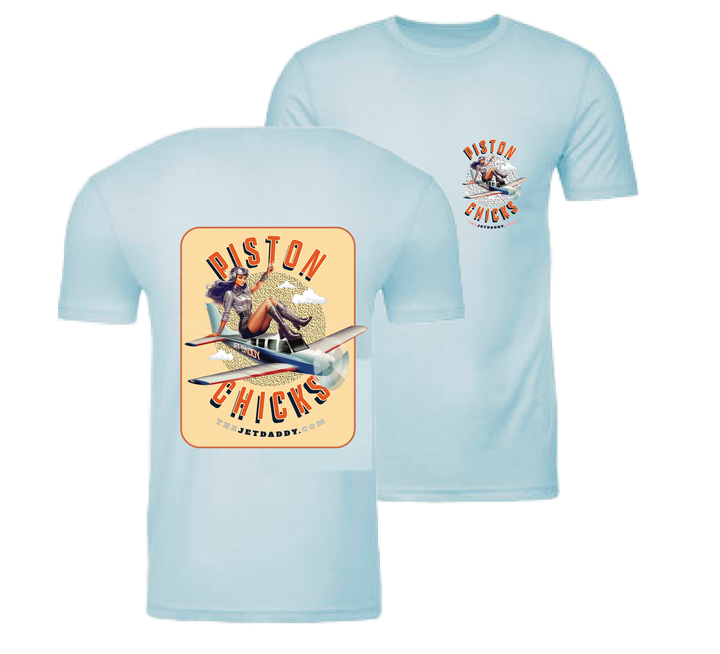 A light blue t-shirt with a picture of a man in an airplane on it