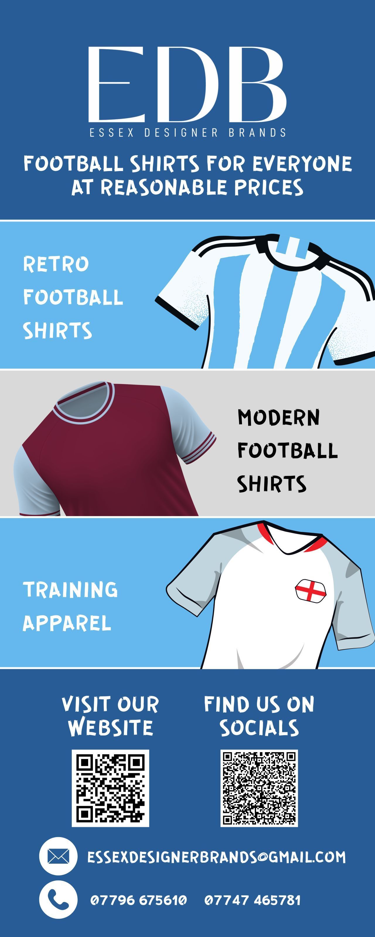 Advertisement for EDB football shirts: blue, white, burgundy shirts, and QR codes for website and socials.