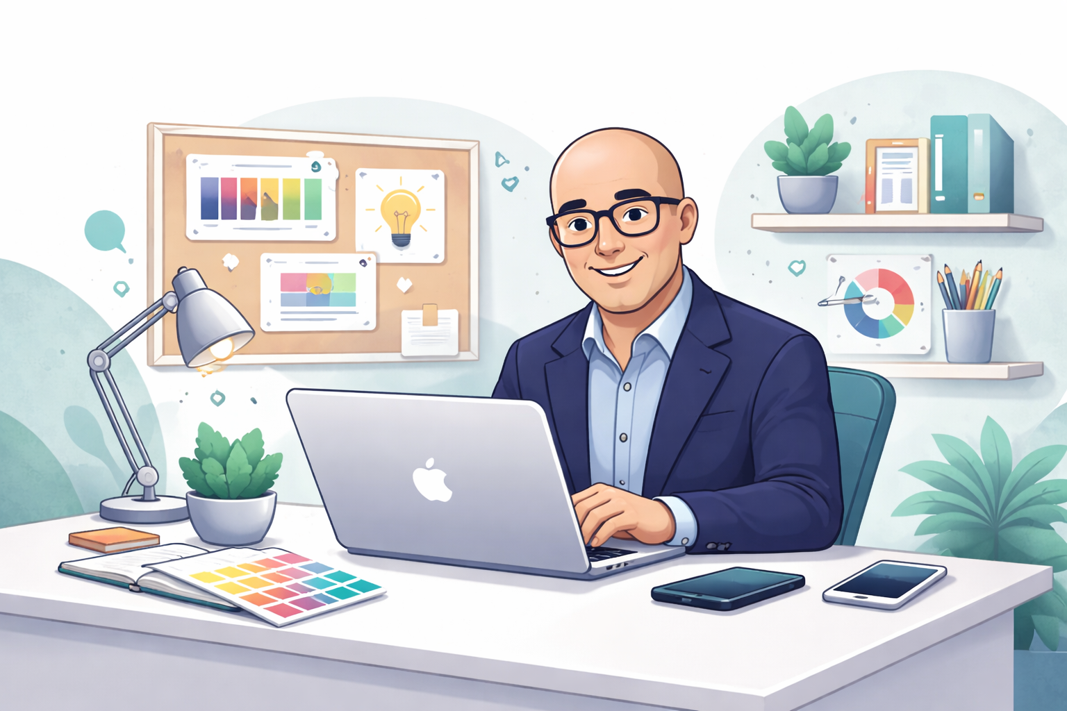 Man at desk with laptop, color palettes, and plants. Smiling, working in a light-filled office.