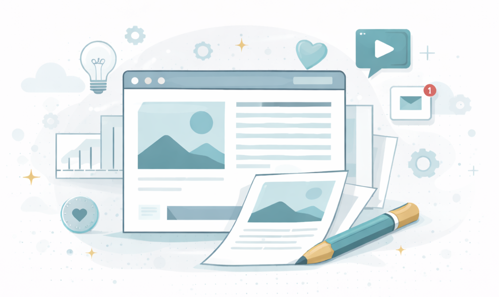 Website interface with content, icons, and papers with photos. A pen rests on the papers.