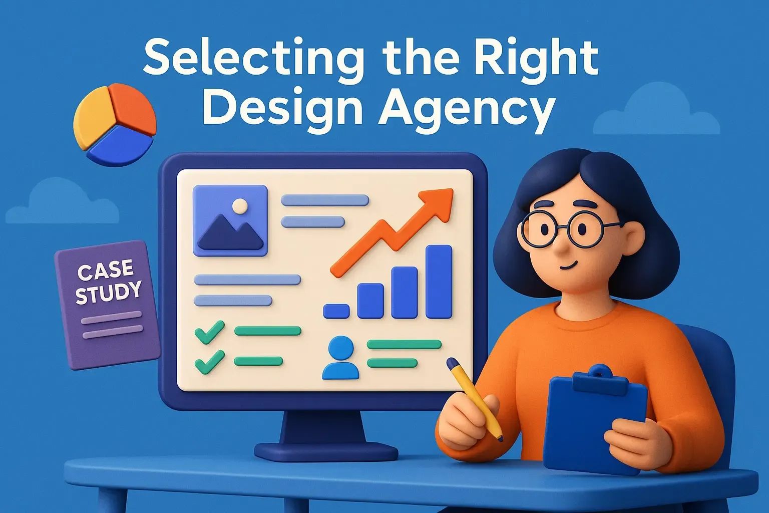 Woman with glasses at a desk, looking at a computer screen with charts. Topic: Selecting the Right Design Agency.