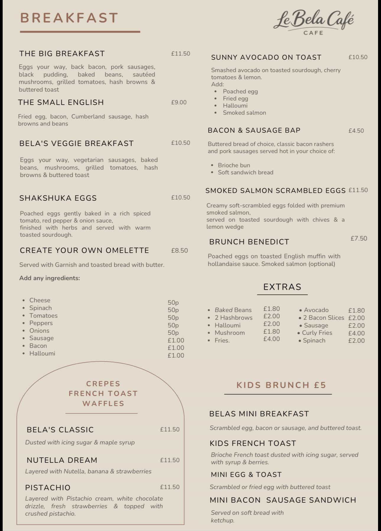 Blurred beige breakfast menu with multiple sections and item lists on a white background
