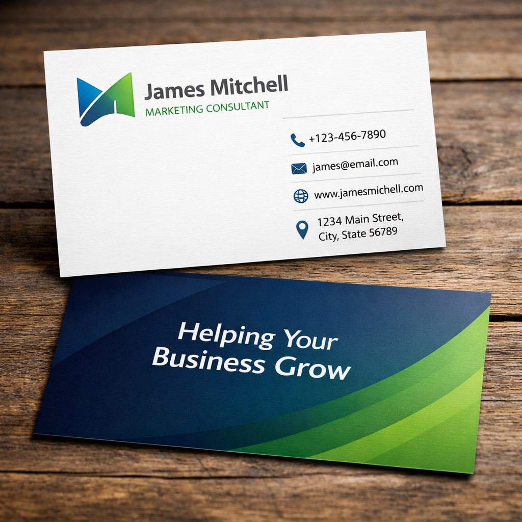 James Mitchell business cards, white and blue-green design with “Helping Your Business Grow” tagline.