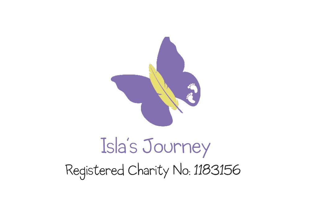 Logo for Isla's Journey charity, featuring a purple butterfly with a yellow stripe and a world map outline on the wing.