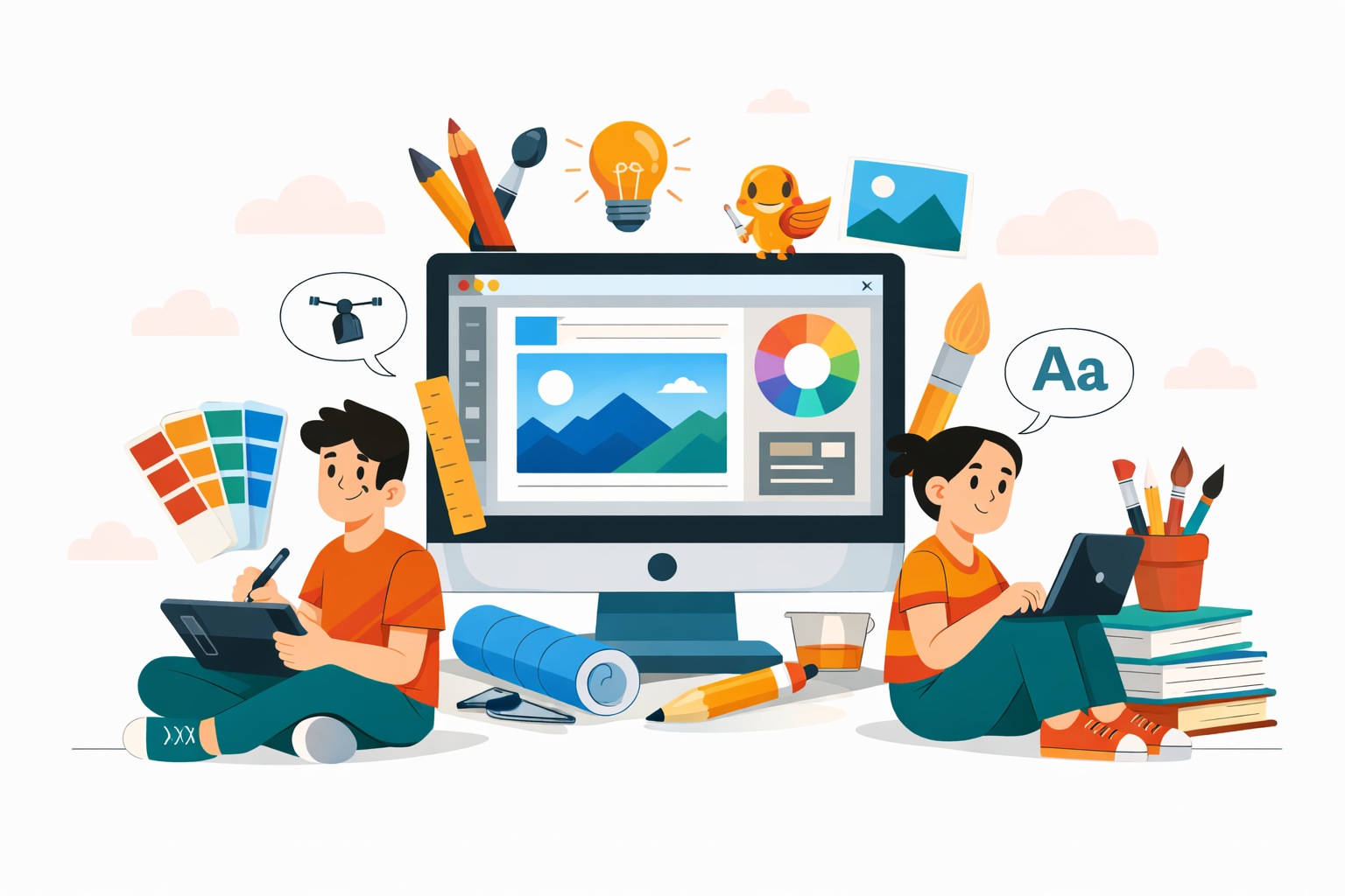 Two people designing on computers with art supplies, surrounded by design elements.