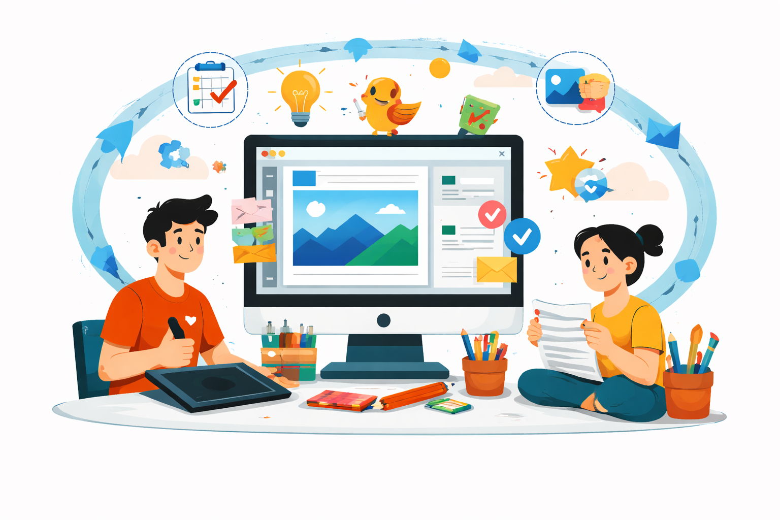 Two people working on a project at a desk with a computer, surrounded by design elements and icons.