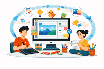 Two people working on a project at a desk with a computer, surrounded by design elements and icons.