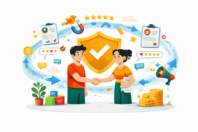 Two people shaking hands, surrounded by symbols of trust, feedback, and financial success.
