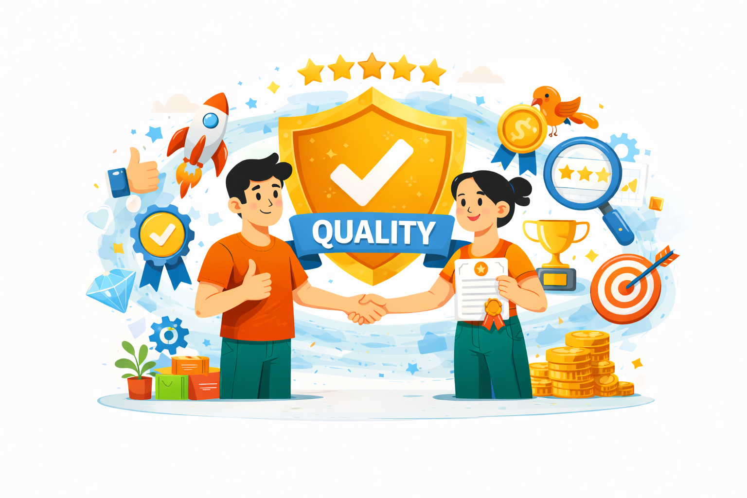 People shaking hands under a shield labeled